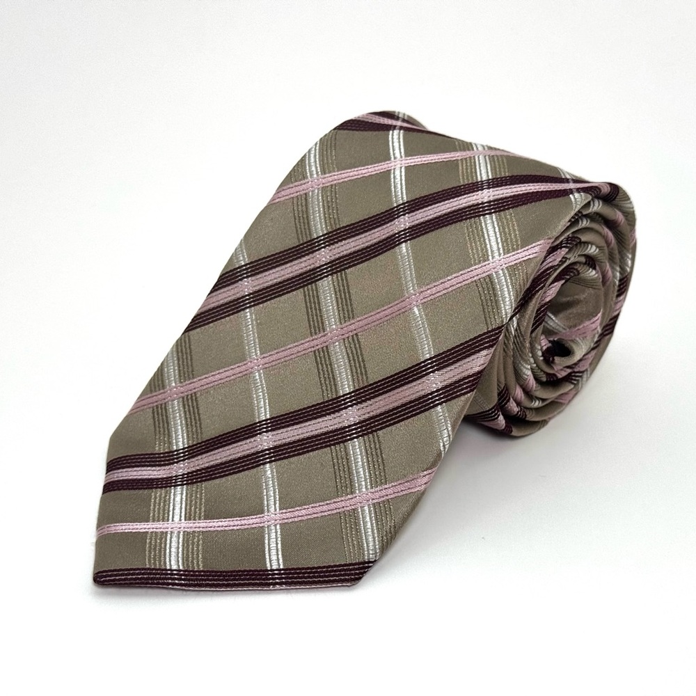 Geoffrey Beene 100% Silk Mens Plaid Jacquard Tie Gold Pink Maroon Necktie